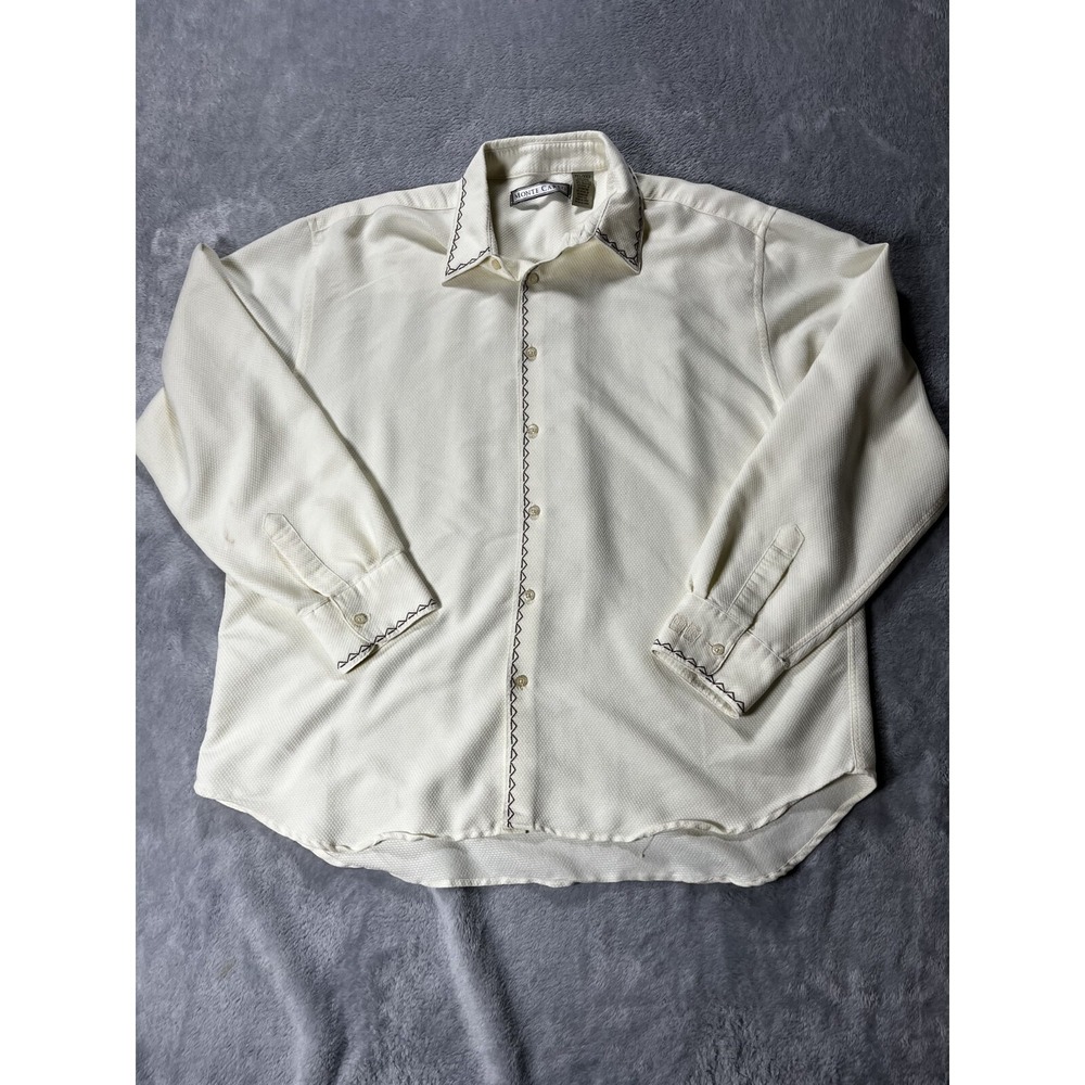 Monte Carlo Men 2XL Button Down Shirt Cream Long Sleeve Rayon Hawaii Style